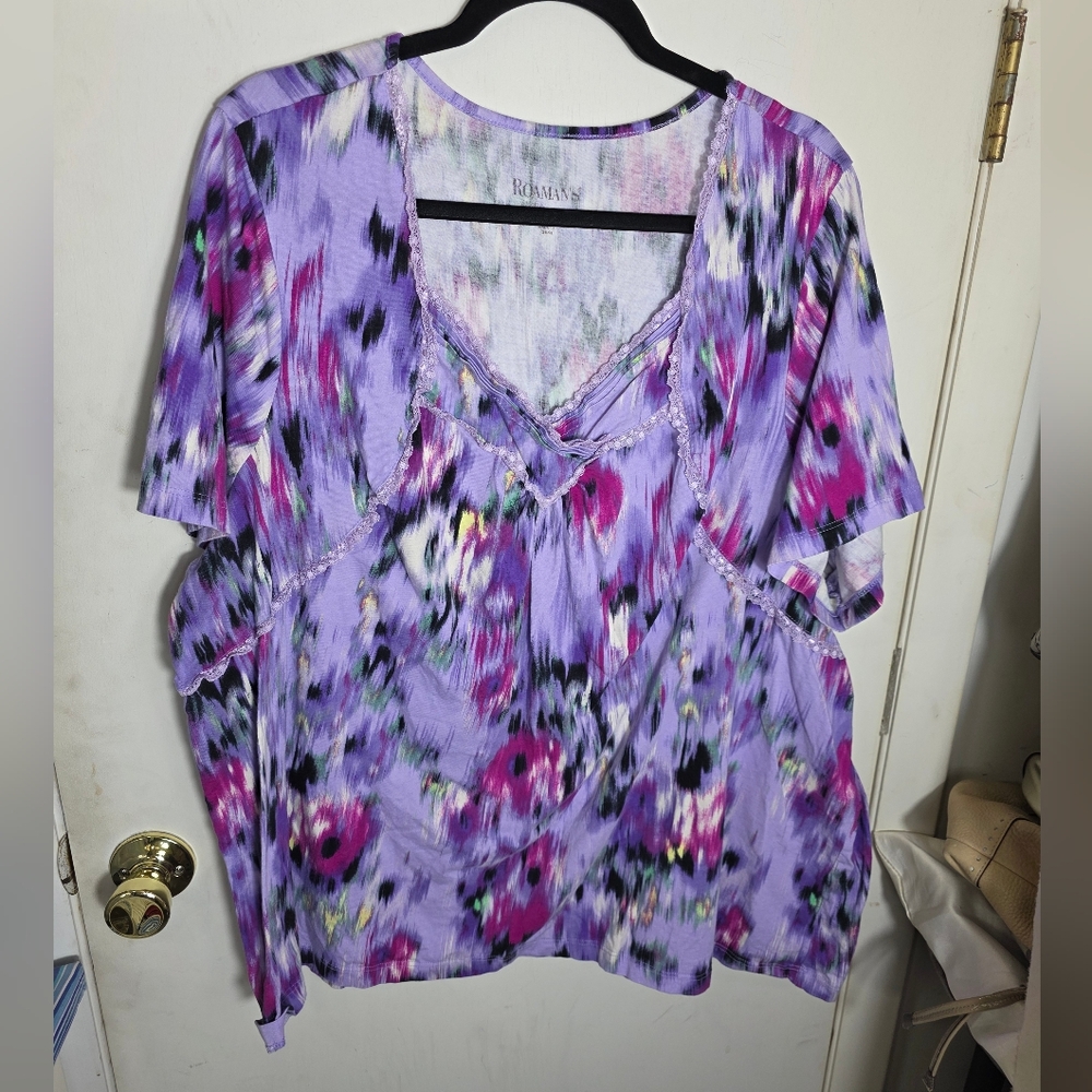 Roamans Plus Size 4X 34/36 Purple Floral Short Sleeve Top
